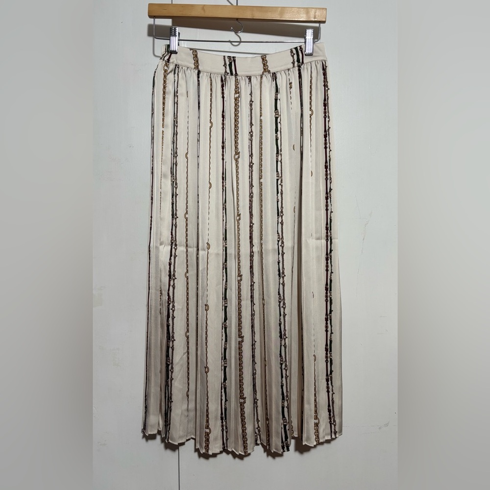 Elegant Cream Chain Printed Pleated Midi Skirt Size S